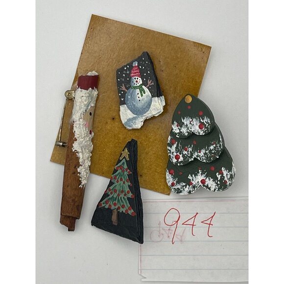 4 Pc Lot Christmas Holiday Brooches Hand Painted Snowman Christmas Trees Santa - Picture 8 of 8